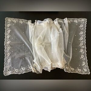 Vintage Ivory Embroidered Tulle Scarf